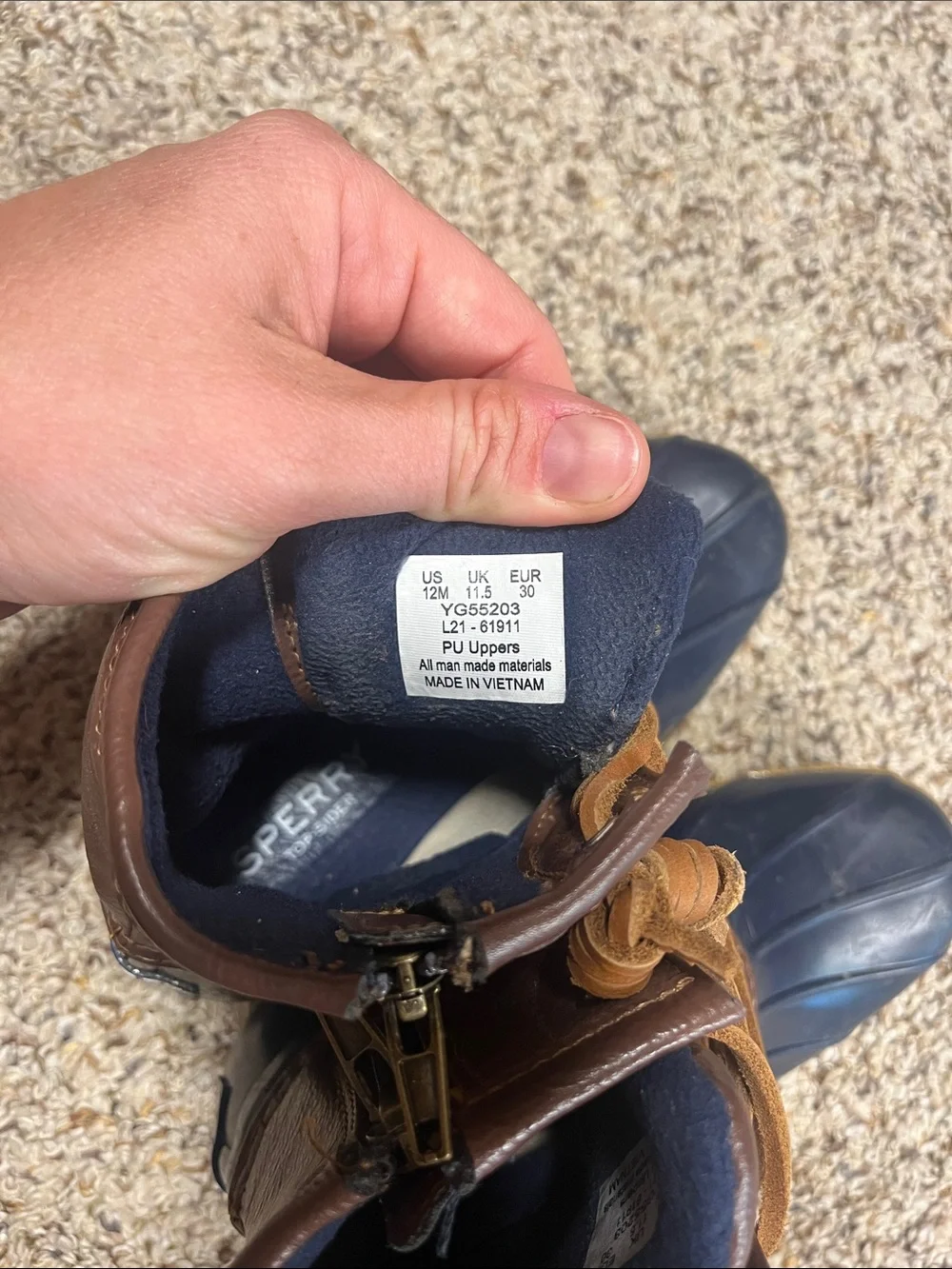 Sperry Navy and Brown Waterproof Duck Boots with Tan Laces